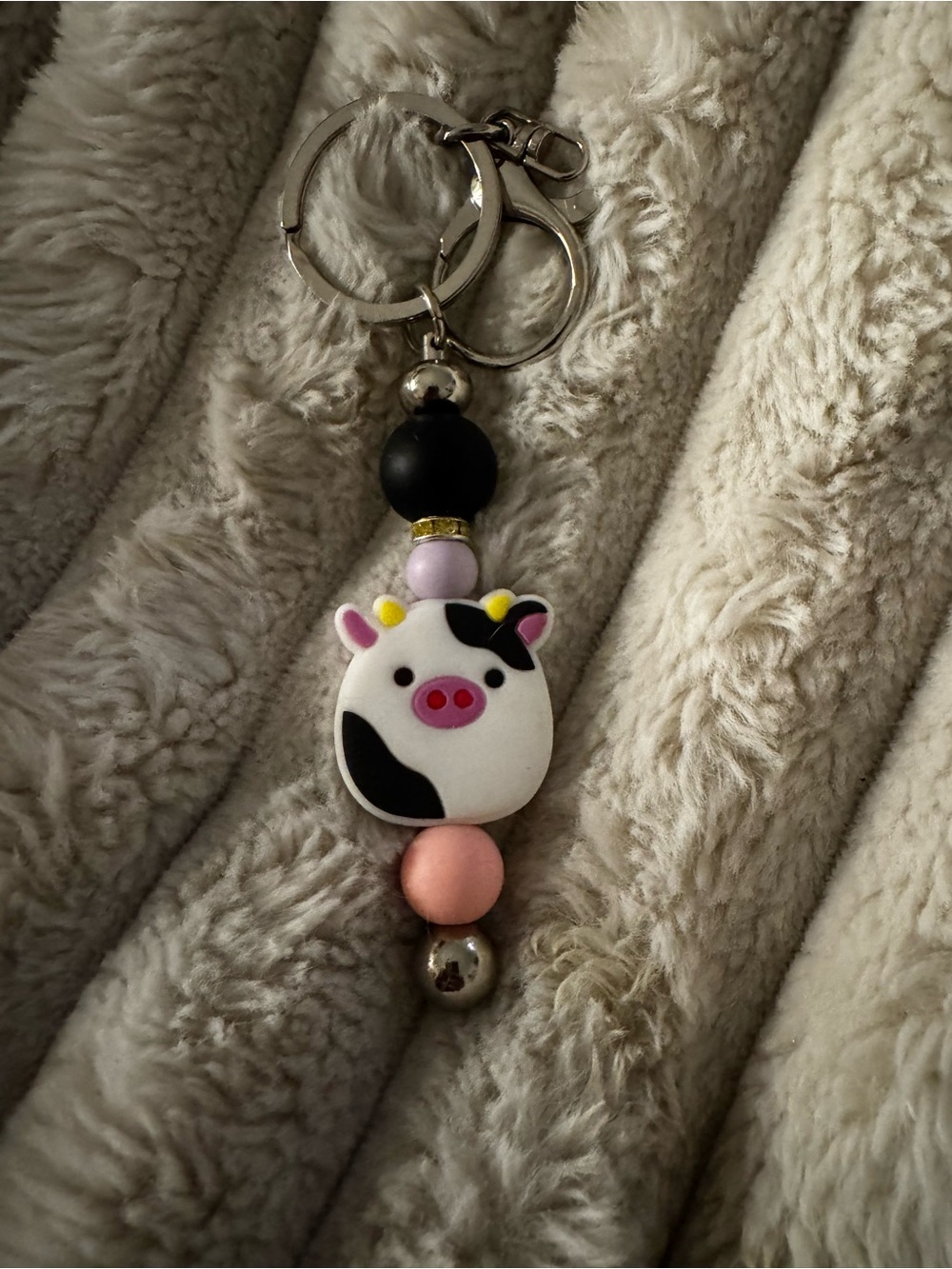 Cute Pink & Black Cow Beaded Keychain